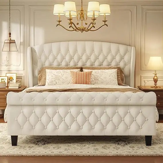 Queen Size Velvet Sleigh Bed with Wingback Headboard