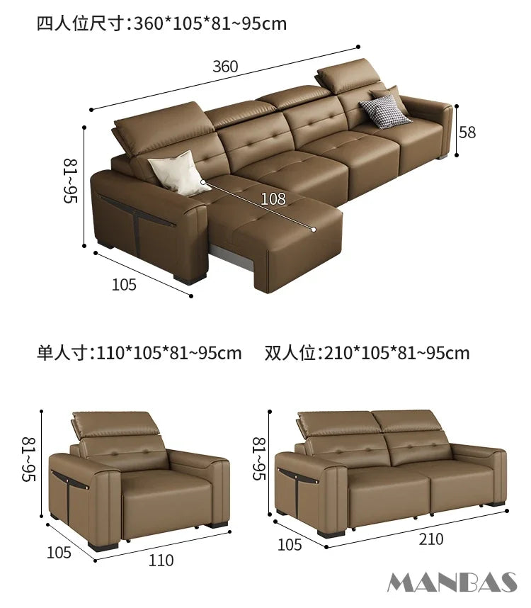 Genuine Leather Electric Convertible Sofa Bed with Adjustable Headrest