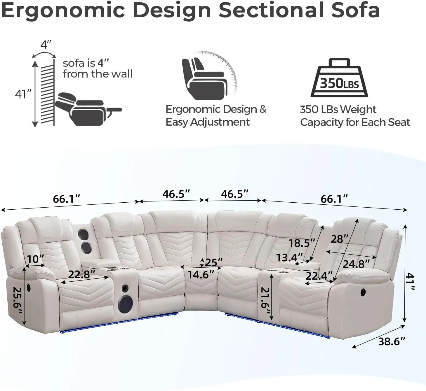 Faux Leather Recliner Sofa with Built-In Bass Speakers & LED Lighting