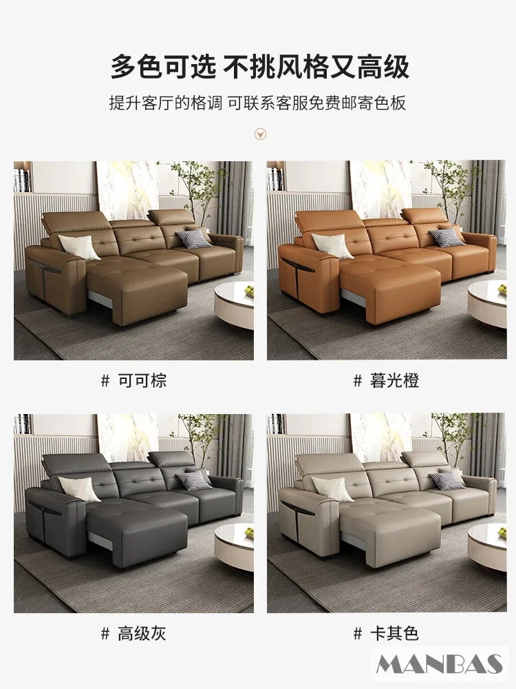 Genuine Leather Electric Convertible Sofa Bed with Adjustable Headrest