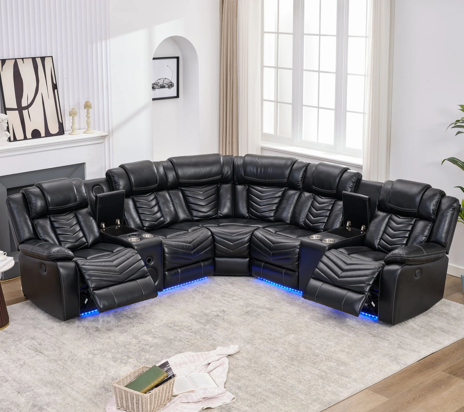 Faux Leather Recliner Sofa with Built-In Bass Speakers & LED Lighting