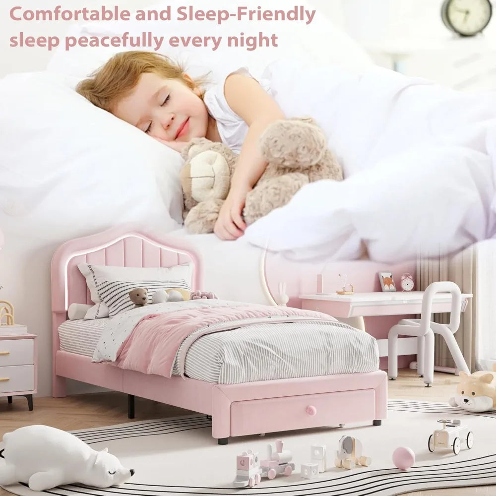 Twin Size Upholstered Bed with Storage Drawers and LED Headboard for Kids
