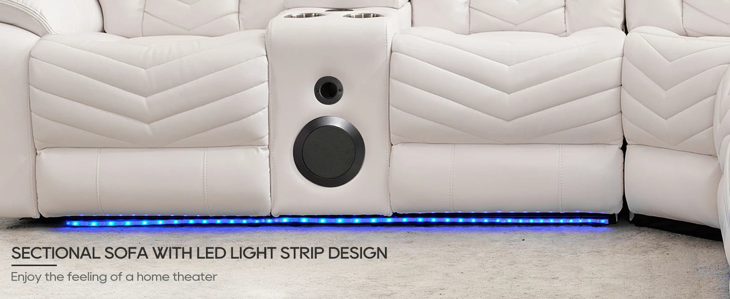 Faux Leather Recliner Sofa with Built-In Bass Speakers & LED Lighting