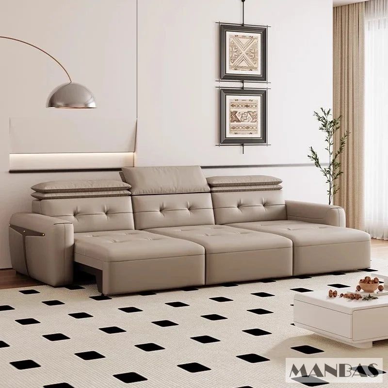 Genuine Leather Electric Convertible Sofa Bed with Adjustable Headrest