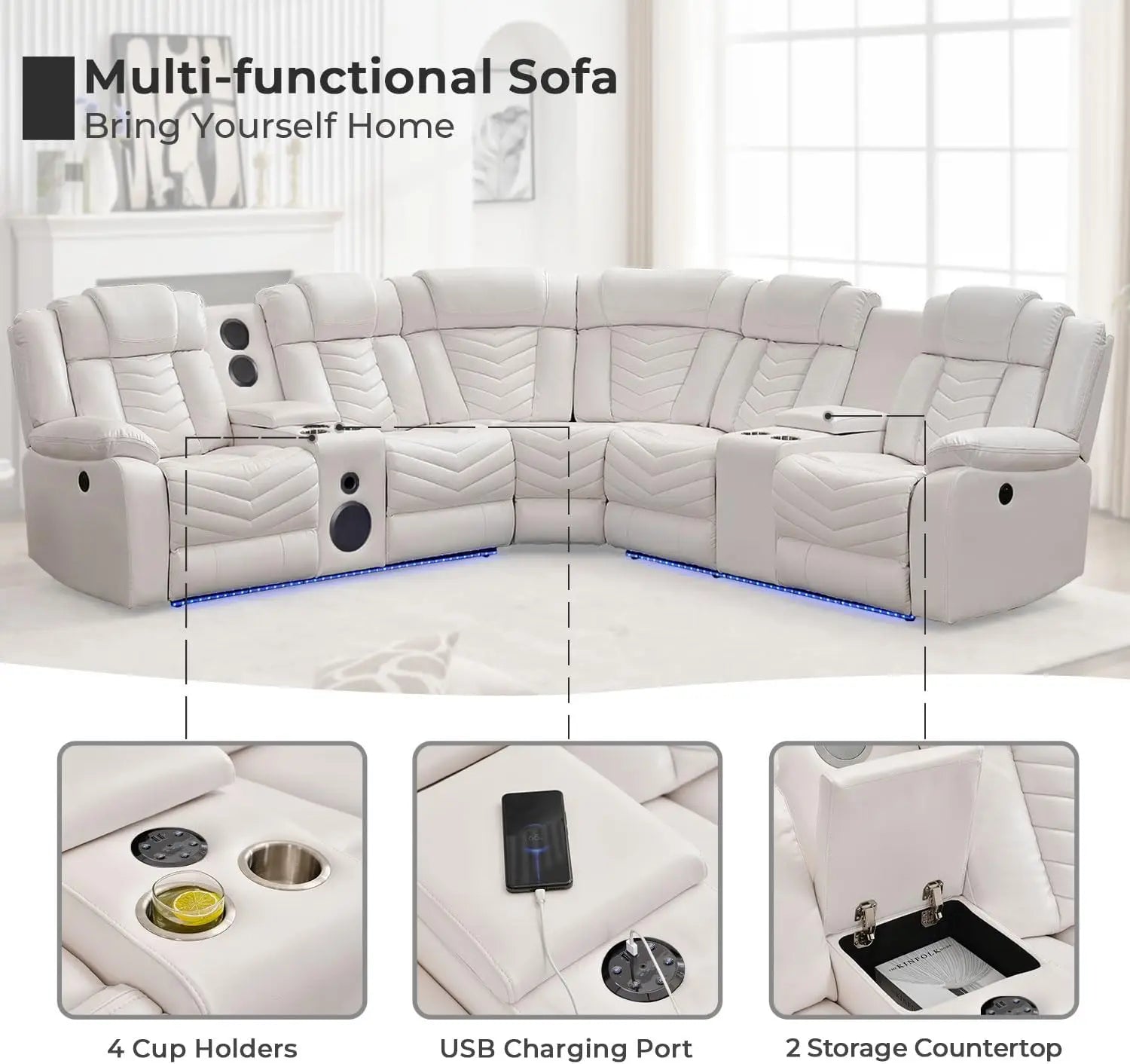 Faux Leather Recliner Sofa with Built-In Bass Speakers & LED Lighting