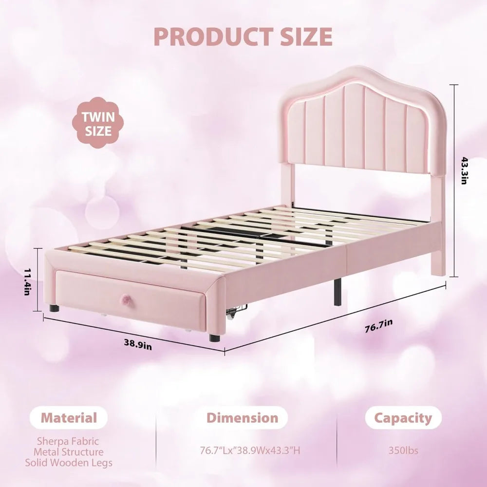 Twin Size Upholstered Bed with Storage Drawers and LED Headboard for Kids