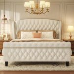 Queen Size Velvet Sleigh Bed with Wingback Headboard
