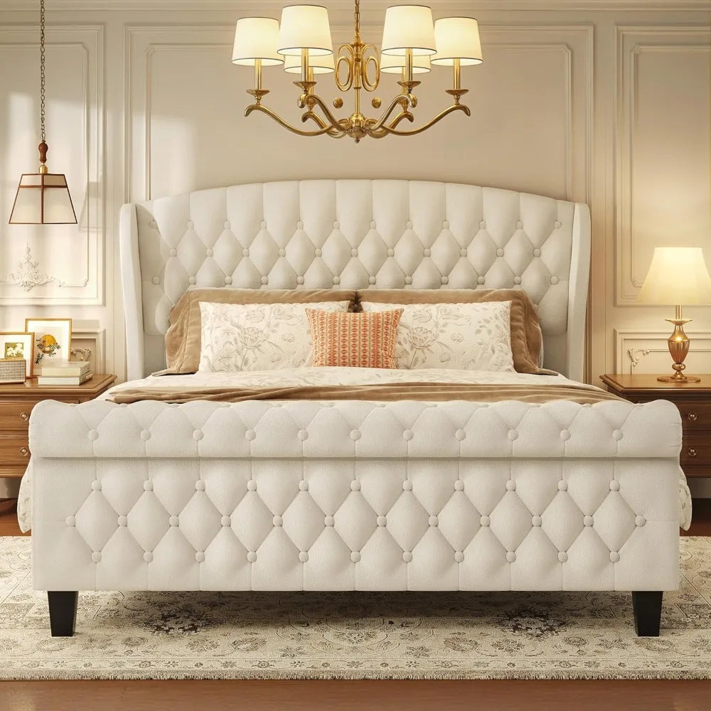 Queen Size Velvet Sleigh Bed with Wingback Headboard