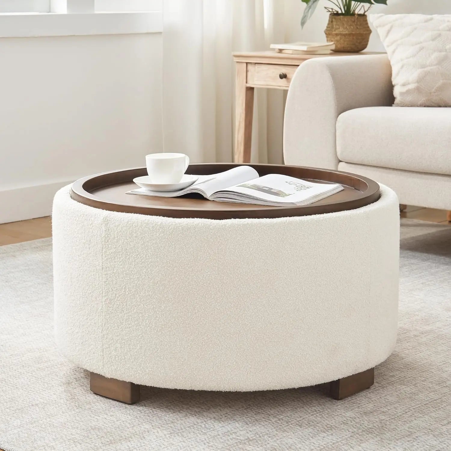 Ottoman Boucle Coffee Table with Lift-Off Lid