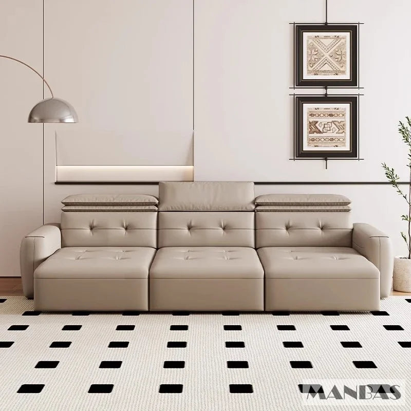 Genuine Leather Electric Convertible Sofa Bed with Adjustable Headrest