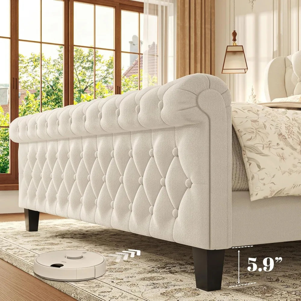 Queen Size Velvet Sleigh Bed with Wingback Headboard