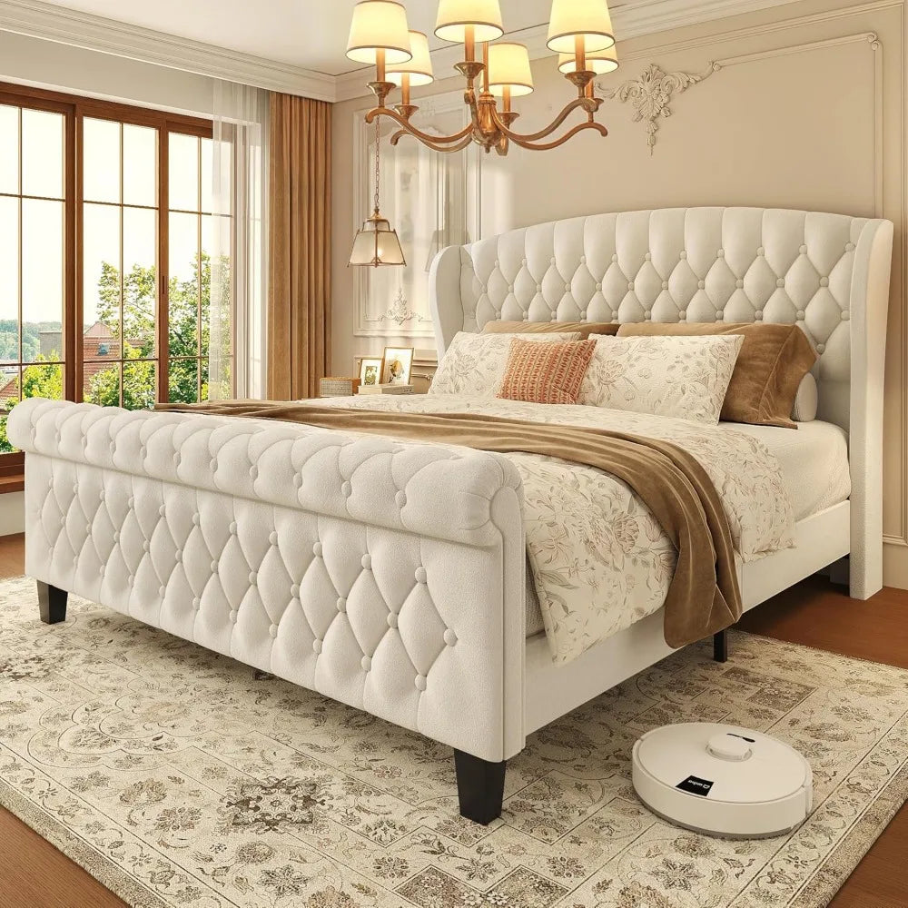 Queen Size Velvet Sleigh Bed with Wingback Headboard