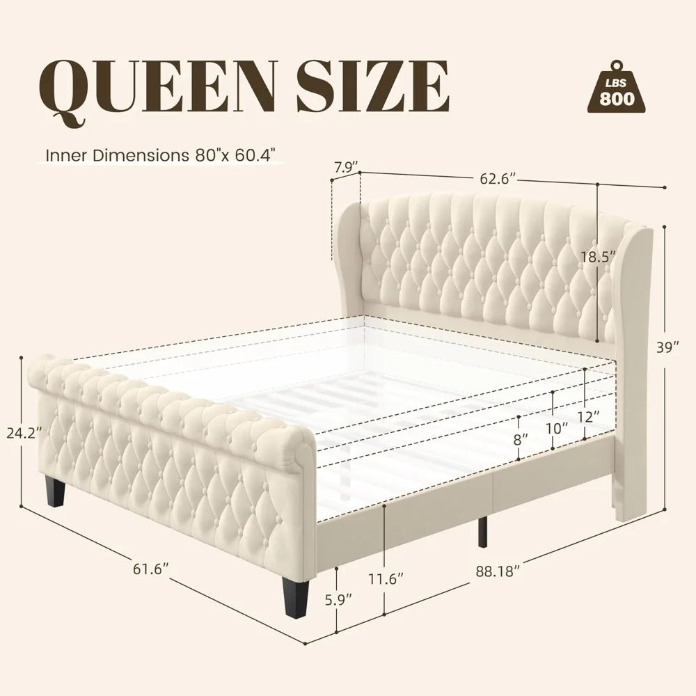 Queen Size Velvet Sleigh Bed with Wingback Headboard