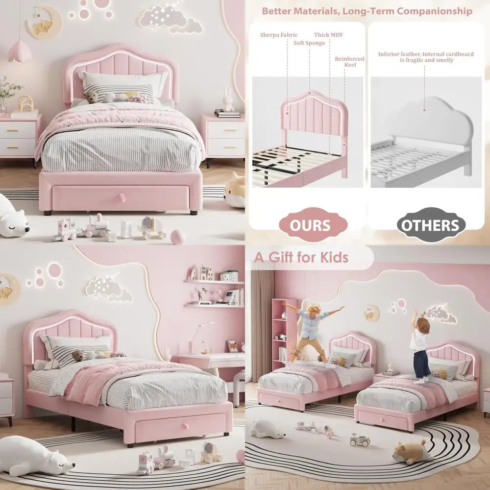Twin Size Upholstered Bed with Storage Drawers and LED Headboard for Kids
