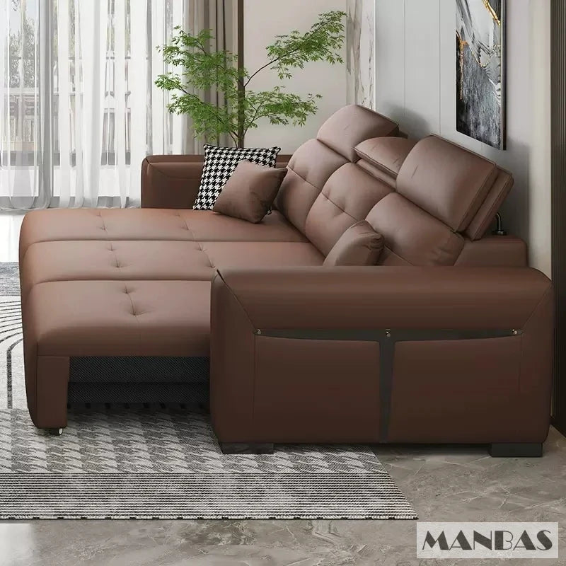 Genuine Leather Electric Convertible Sofa Bed with Adjustable Headrest