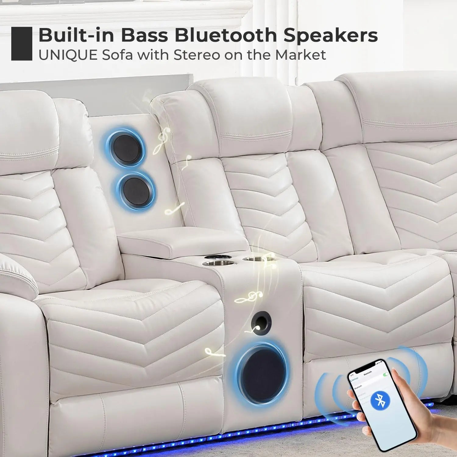 Faux Leather Recliner Sofa with Built-In Bass Speakers & LED Lighting