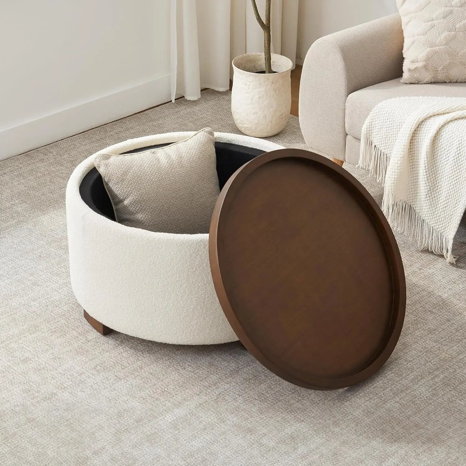 Ottoman Boucle Coffee Table with Lift-Off Lid
