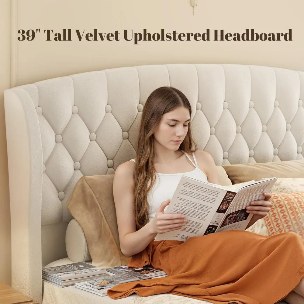 Queen Size Velvet Sleigh Bed with Wingback Headboard