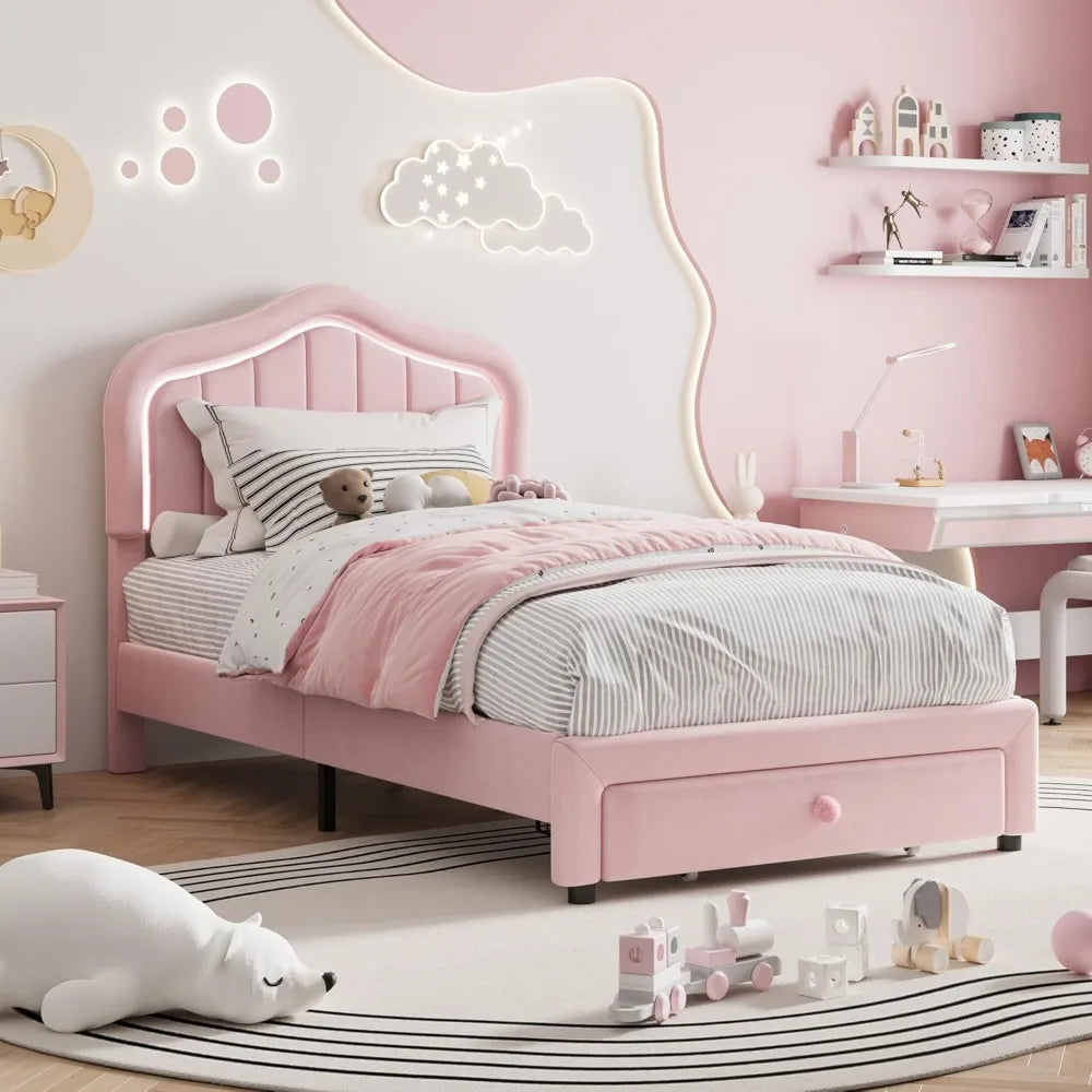 Twin Size Upholstered Bed with Storage Drawers and LED Headboard for Kids