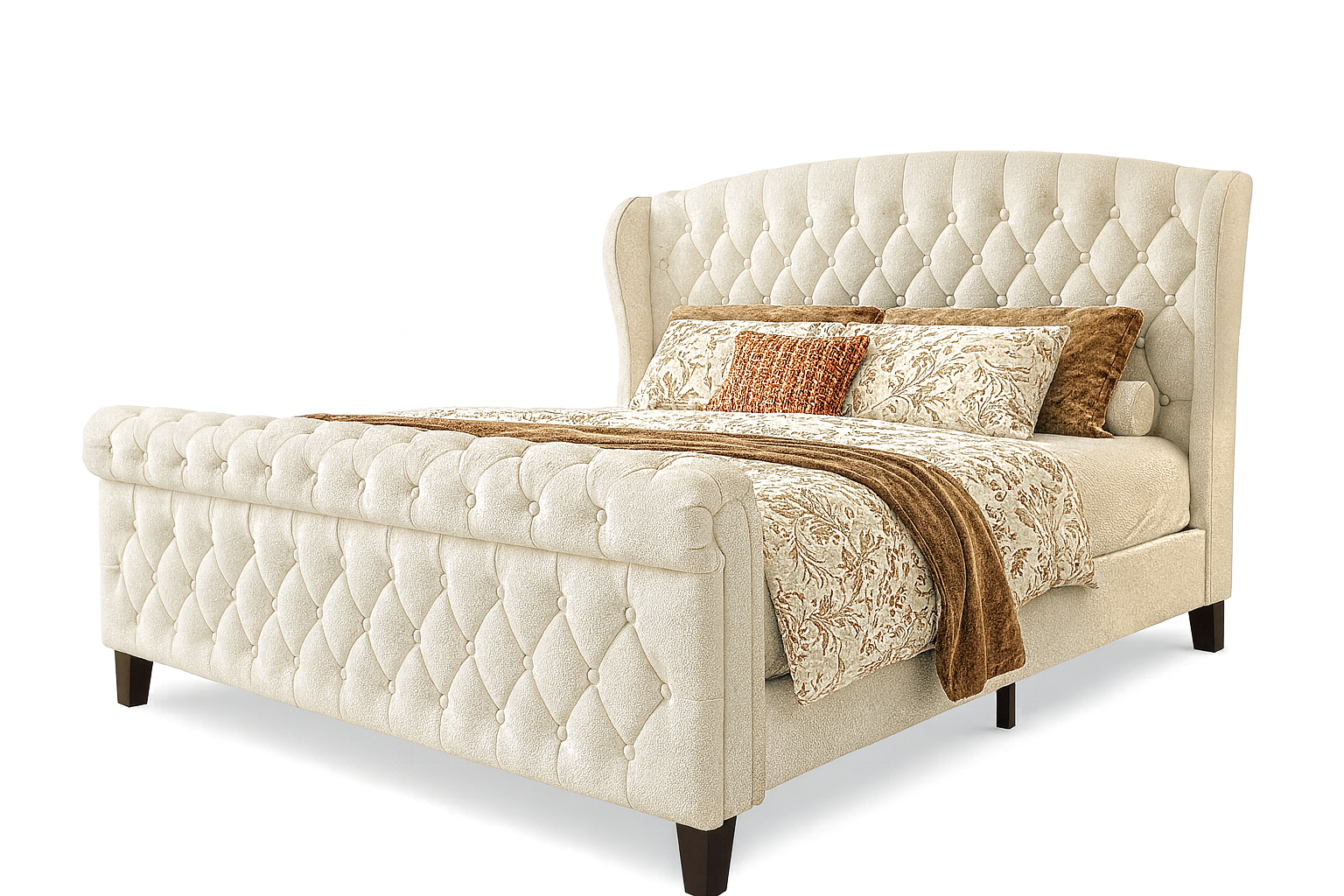 Queen Size Velvet Sleigh Bed with Wingback Headboard